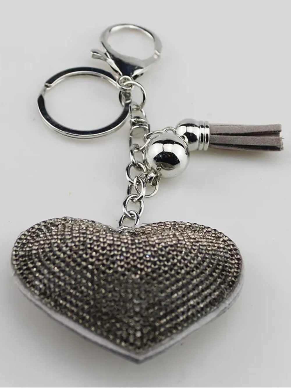 Rhinestone Heart Keychain Bag Charm - Silver